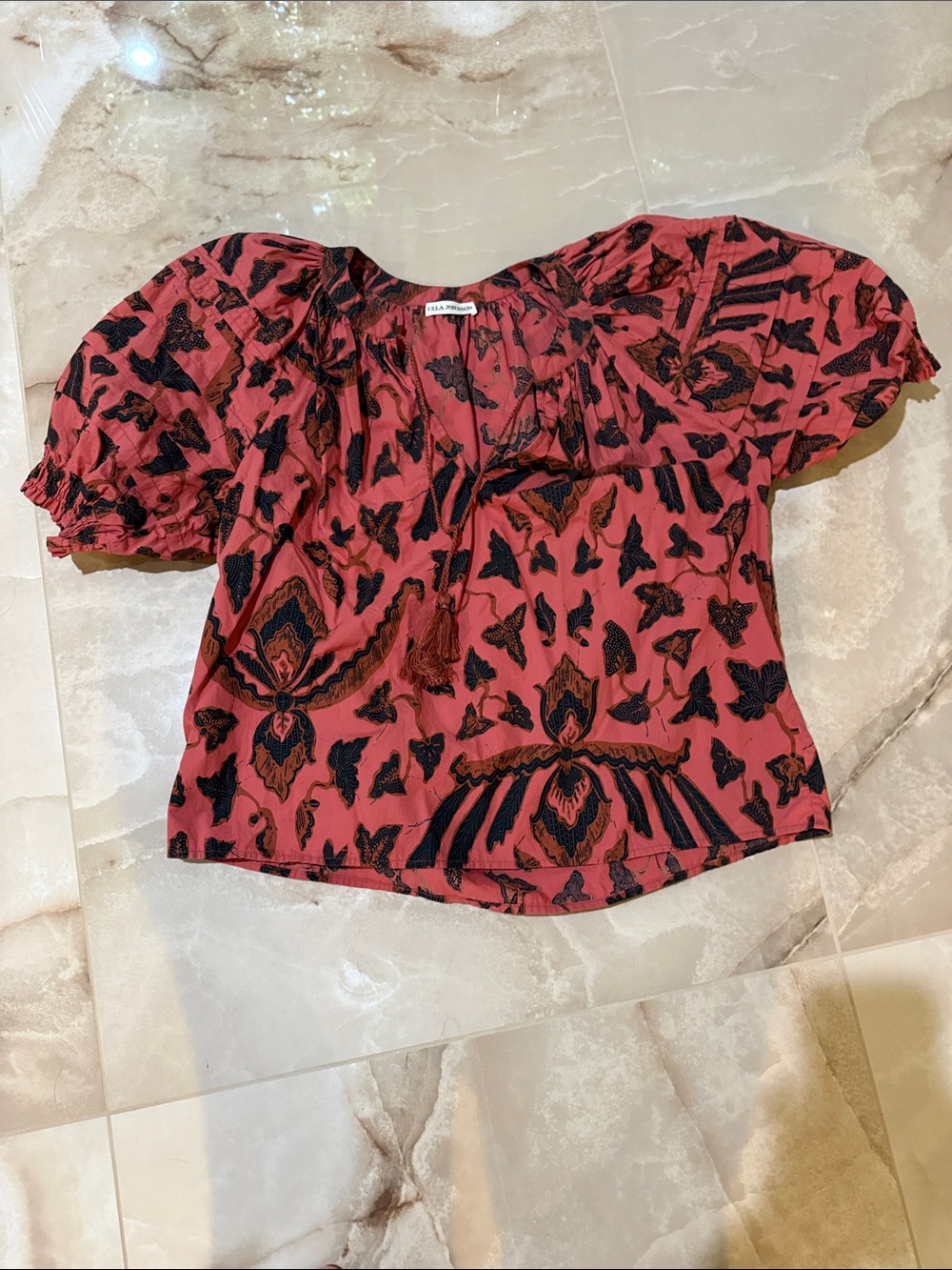 Ulla Johnson Rose-Pink Printed Puff-Sleeve Peasant Top